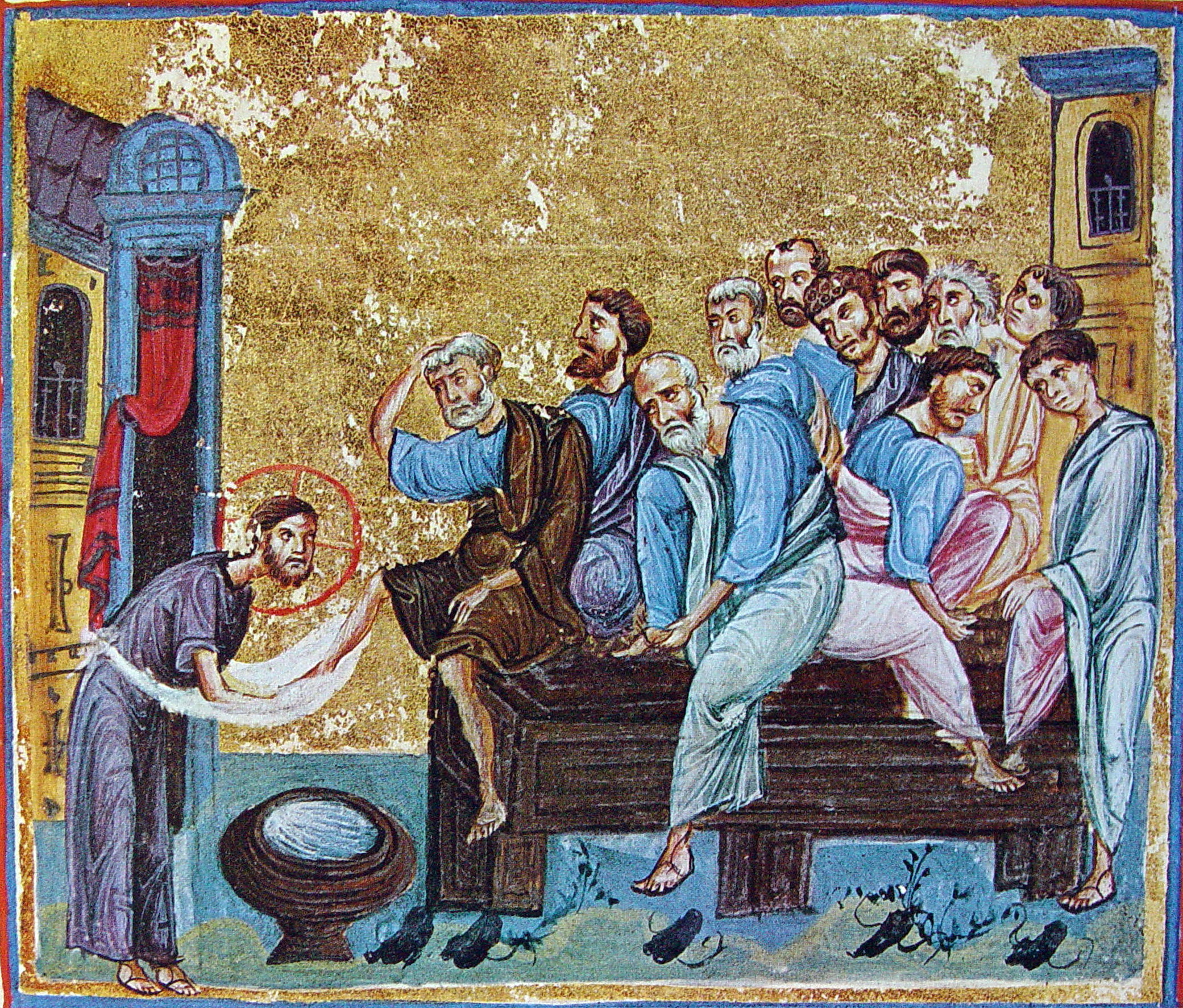 Христос омывает ноги своим ученикам.
Афон. XIV. Миниатюра Евангелия.